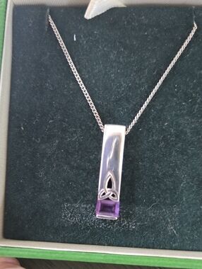 .925 Sterling Silver Pendant Necklace 17" with Amethyst Made In Ireland